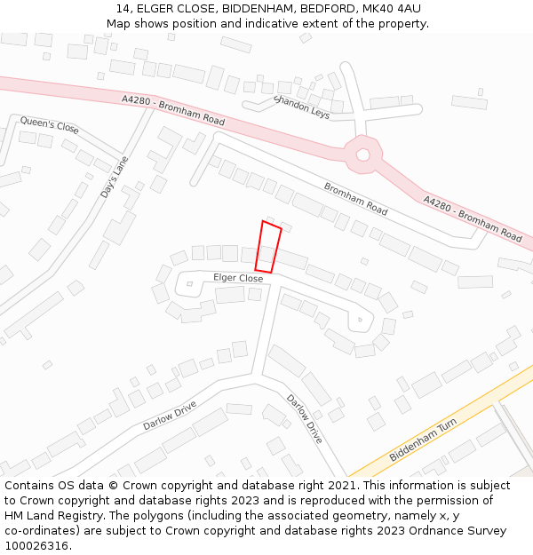 14, ELGER CLOSE, BIDDENHAM, BEDFORD, MK40 4AU: Location map and indicative extent of plot