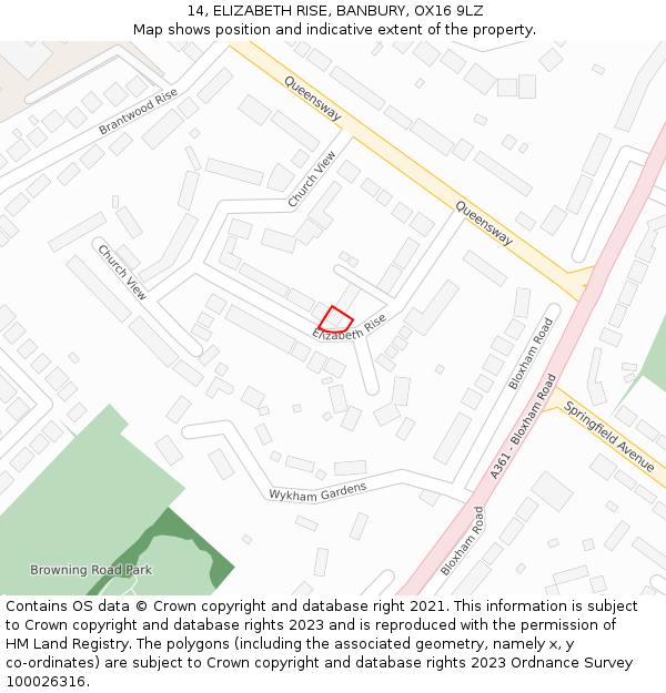 14, ELIZABETH RISE, BANBURY, OX16 9LZ: Location map and indicative extent of plot