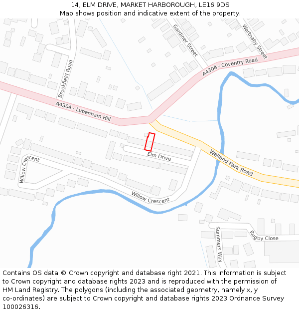 14, ELM DRIVE, MARKET HARBOROUGH, LE16 9DS: Location map and indicative extent of plot
