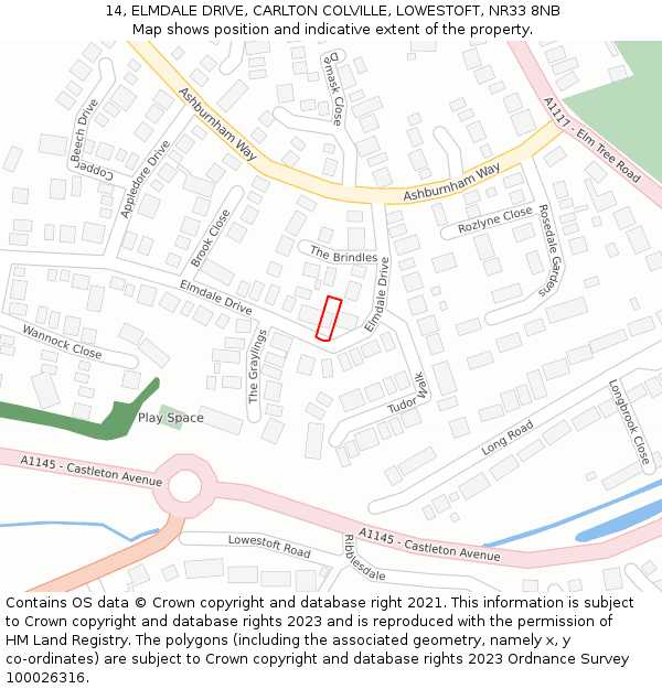 14, ELMDALE DRIVE, CARLTON COLVILLE, LOWESTOFT, NR33 8NB: Location map and indicative extent of plot