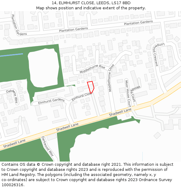 14, ELMHURST CLOSE, LEEDS, LS17 8BD: Location map and indicative extent of plot