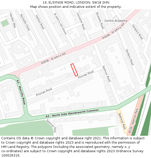 14, ELSYNGE ROAD, LONDON, SW18 2HN: Location map and indicative extent of plot