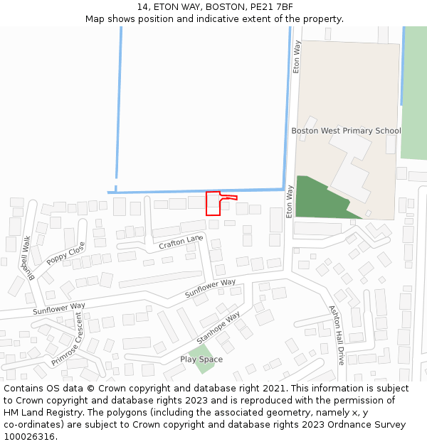 14, ETON WAY, BOSTON, PE21 7BF: Location map and indicative extent of plot