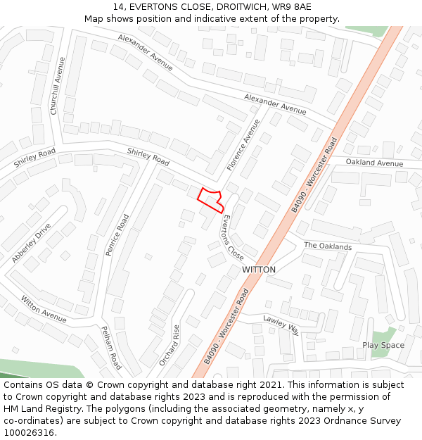 14, EVERTONS CLOSE, DROITWICH, WR9 8AE: Location map and indicative extent of plot