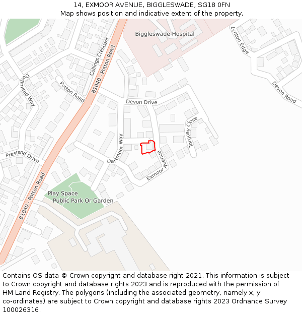 14, EXMOOR AVENUE, BIGGLESWADE, SG18 0FN: Location map and indicative extent of plot