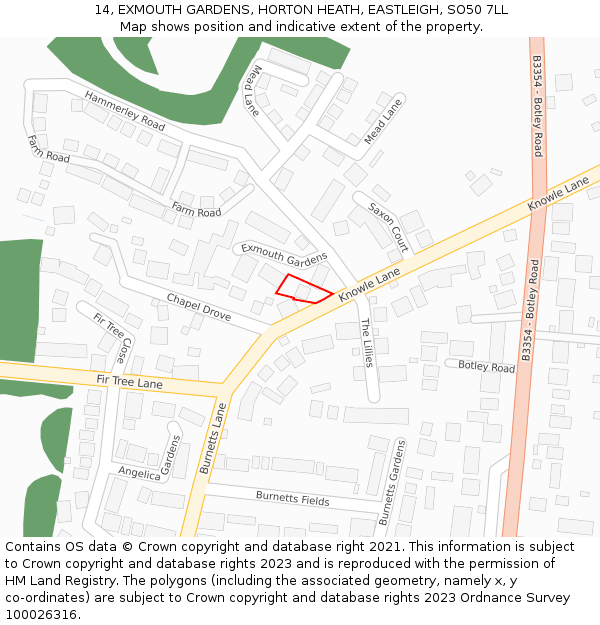 14, EXMOUTH GARDENS, HORTON HEATH, EASTLEIGH, SO50 7LL: Location map and indicative extent of plot