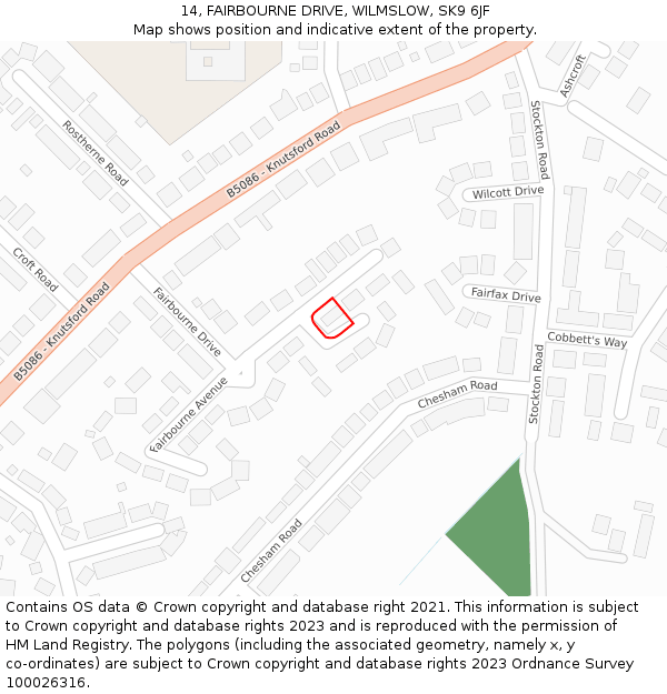 14, FAIRBOURNE DRIVE, WILMSLOW, SK9 6JF: Location map and indicative extent of plot