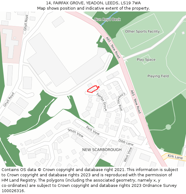 14, FAIRFAX GROVE, YEADON, LEEDS, LS19 7WA: Location map and indicative extent of plot
