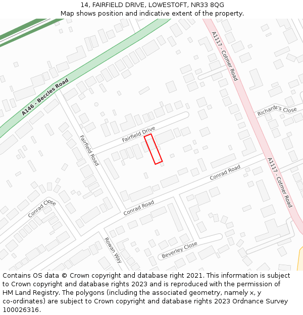 14, FAIRFIELD DRIVE, LOWESTOFT, NR33 8QG: Location map and indicative extent of plot