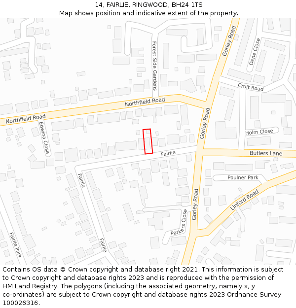 14, FAIRLIE, RINGWOOD, BH24 1TS: Location map and indicative extent of plot