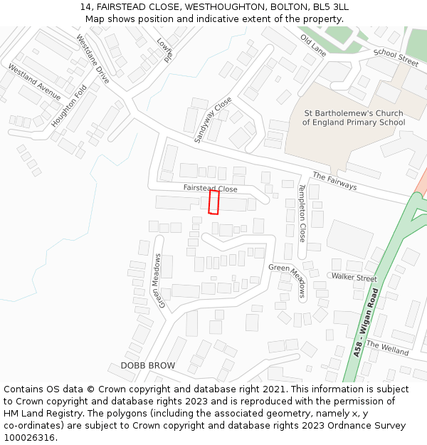 14, FAIRSTEAD CLOSE, WESTHOUGHTON, BOLTON, BL5 3LL: Location map and indicative extent of plot