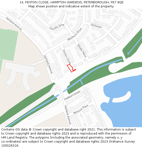14, FENTON CLOSE, HAMPTON GARDENS, PETERBOROUGH, PE7 8QE: Location map and indicative extent of plot