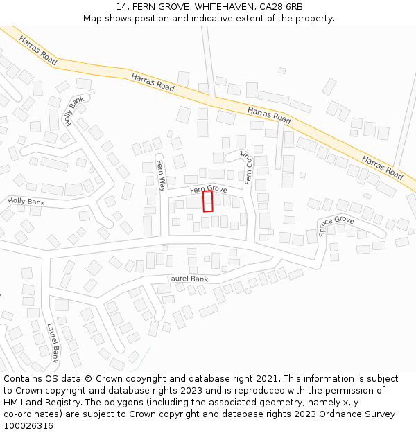 14, FERN GROVE, WHITEHAVEN, CA28 6RB: Location map and indicative extent of plot