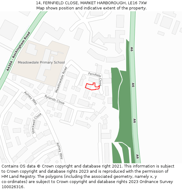 14, FERNFIELD CLOSE, MARKET HARBOROUGH, LE16 7XW: Location map and indicative extent of plot