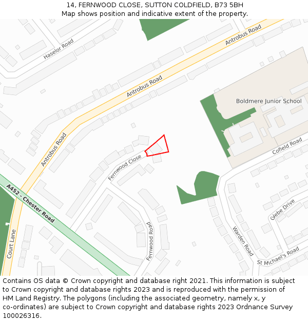14, FERNWOOD CLOSE, SUTTON COLDFIELD, B73 5BH: Location map and indicative extent of plot