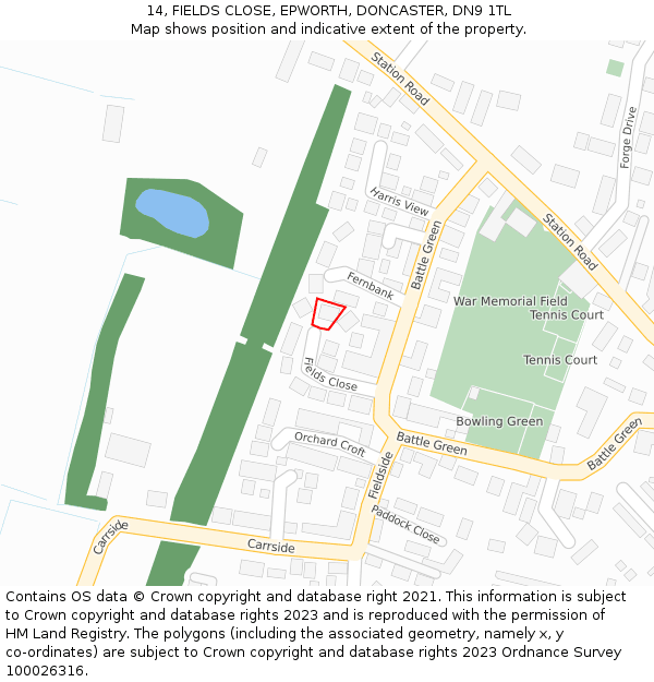 14, FIELDS CLOSE, EPWORTH, DONCASTER, DN9 1TL: Location map and indicative extent of plot