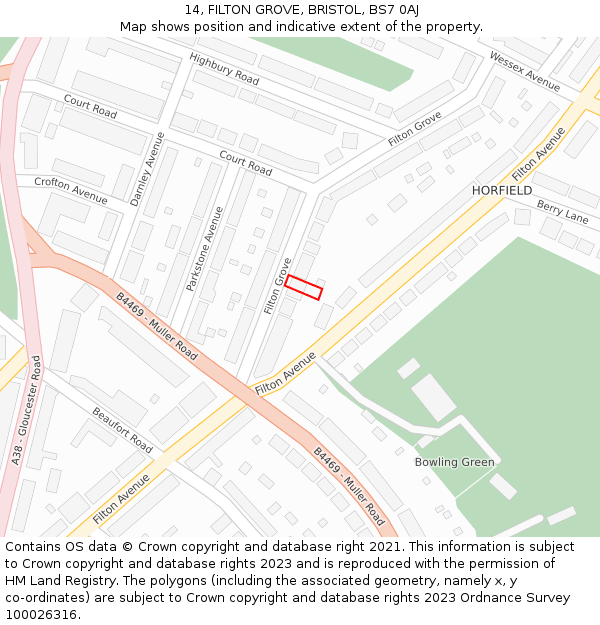14, FILTON GROVE, BRISTOL, BS7 0AJ: Location map and indicative extent of plot
