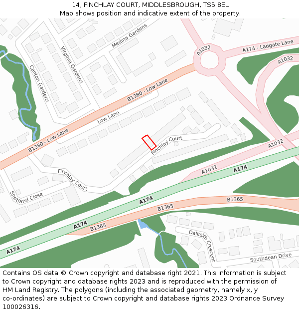 14, FINCHLAY COURT, MIDDLESBROUGH, TS5 8EL: Location map and indicative extent of plot