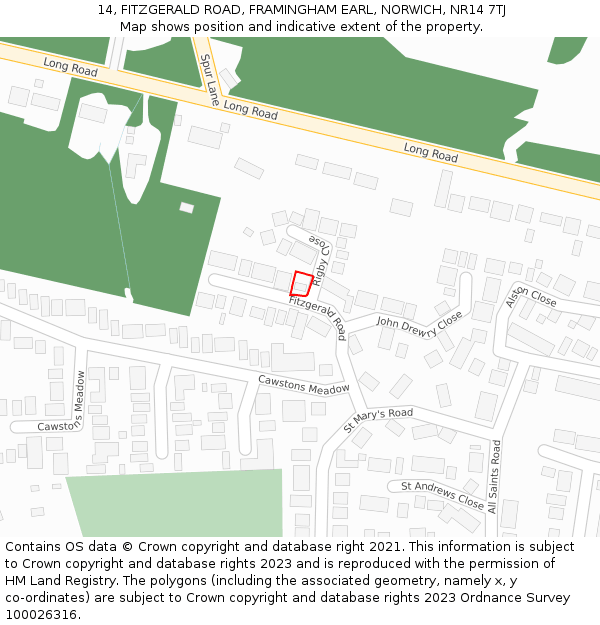 14, FITZGERALD ROAD, FRAMINGHAM EARL, NORWICH, NR14 7TJ: Location map and indicative extent of plot