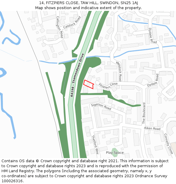 14, FITZPIERS CLOSE, TAW HILL, SWINDON, SN25 1AJ: Location map and indicative extent of plot