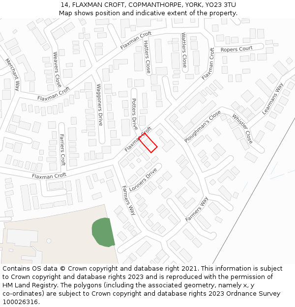 14, FLAXMAN CROFT, COPMANTHORPE, YORK, YO23 3TU: Location map and indicative extent of plot