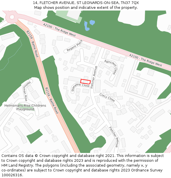 14, FLETCHER AVENUE, ST LEONARDS-ON-SEA, TN37 7QX: Location map and indicative extent of plot