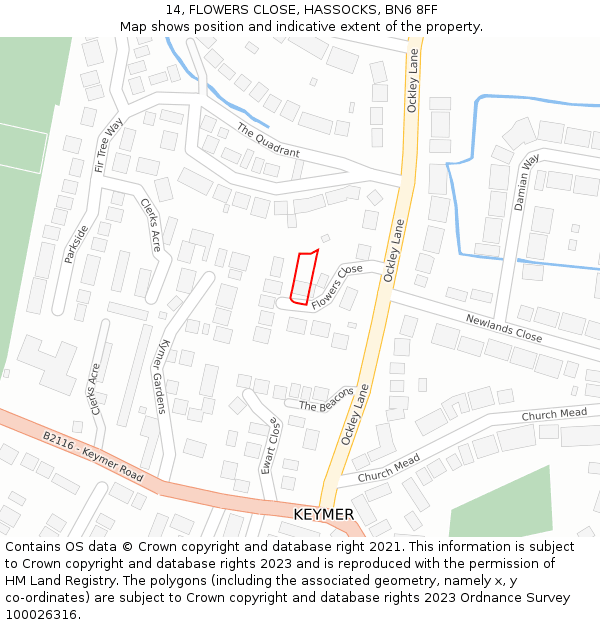 14, FLOWERS CLOSE, HASSOCKS, BN6 8FF: Location map and indicative extent of plot