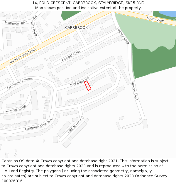 14, FOLD CRESCENT, CARRBROOK, STALYBRIDGE, SK15 3ND: Location map and indicative extent of plot