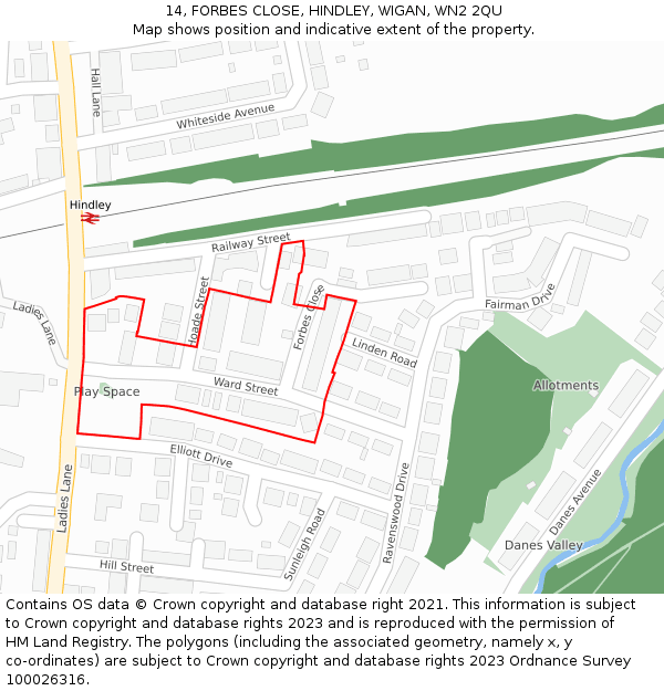 14, FORBES CLOSE, HINDLEY, WIGAN, WN2 2QU: Location map and indicative extent of plot