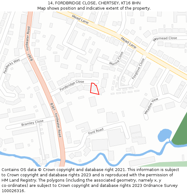 14, FORDBRIDGE CLOSE, CHERTSEY, KT16 8HN: Location map and indicative extent of plot