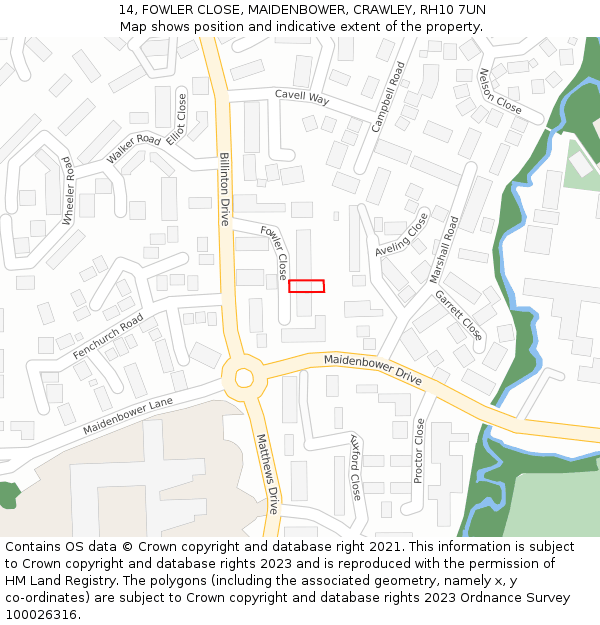 14, FOWLER CLOSE, MAIDENBOWER, CRAWLEY, RH10 7UN: Location map and indicative extent of plot