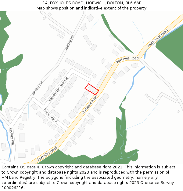 14, FOXHOLES ROAD, HORWICH, BOLTON, BL6 6AP: Location map and indicative extent of plot