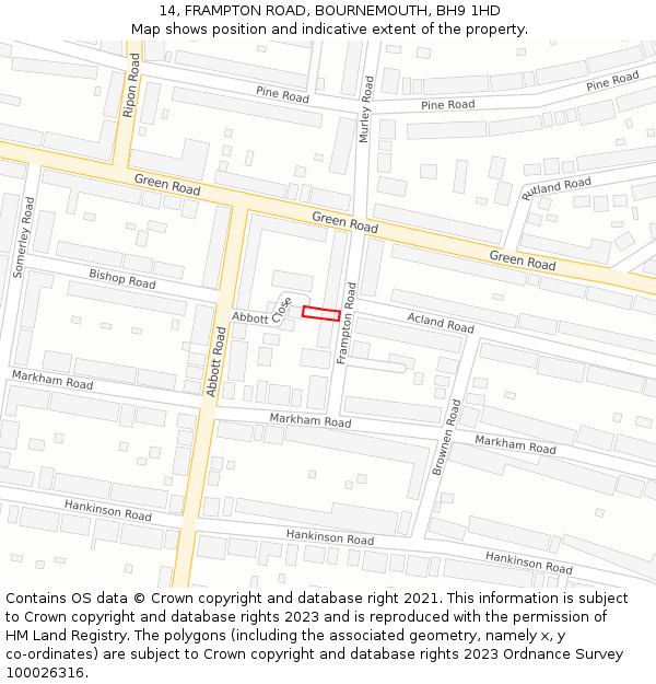 14, FRAMPTON ROAD, BOURNEMOUTH, BH9 1HD: Location map and indicative extent of plot