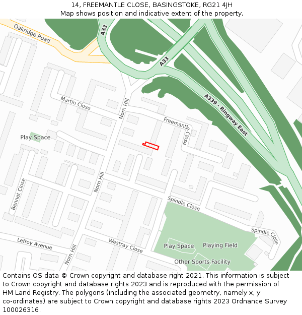 14, FREEMANTLE CLOSE, BASINGSTOKE, RG21 4JH: Location map and indicative extent of plot