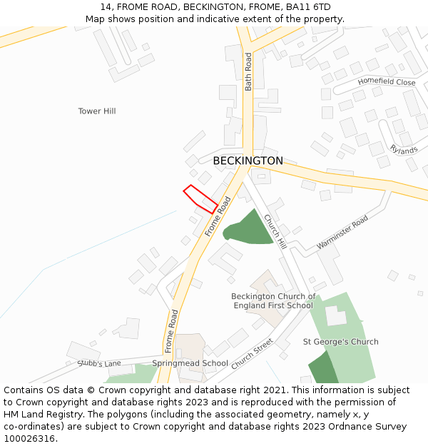 14, FROME ROAD, BECKINGTON, FROME, BA11 6TD: Location map and indicative extent of plot