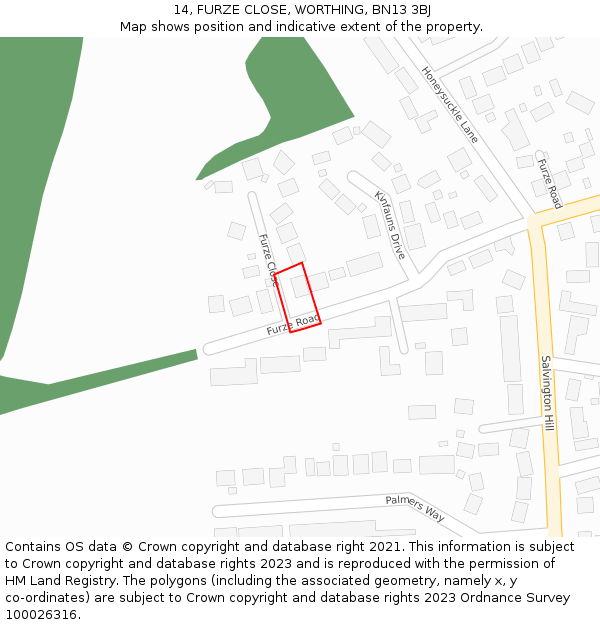 14, FURZE CLOSE, WORTHING, BN13 3BJ: Location map and indicative extent of plot