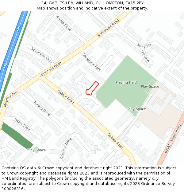 14, GABLES LEA, WILLAND, CULLOMPTON, EX15 2RY: Location map and indicative extent of plot