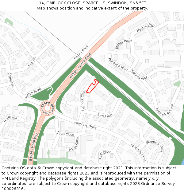 14, GAIRLOCK CLOSE, SPARCELLS, SWINDON, SN5 5FT: Location map and indicative extent of plot