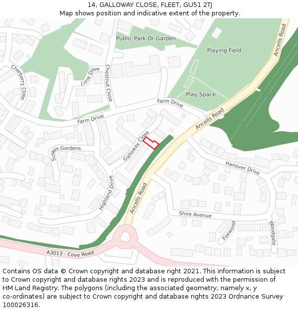 14, GALLOWAY CLOSE, FLEET, GU51 2TJ: Location map and indicative extent of plot