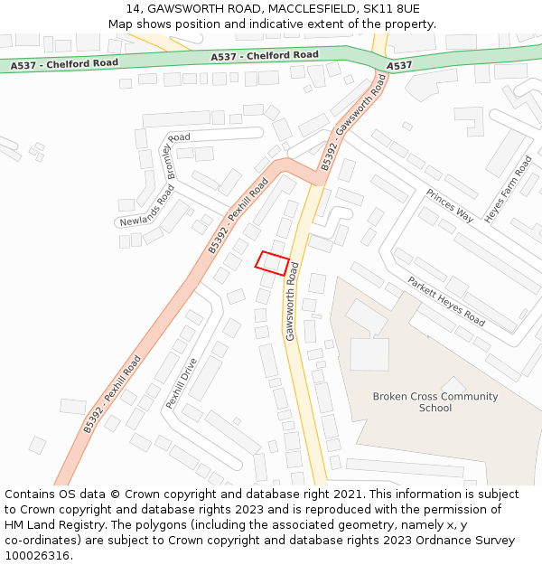 14, GAWSWORTH ROAD, MACCLESFIELD, SK11 8UE: Location map and indicative extent of plot