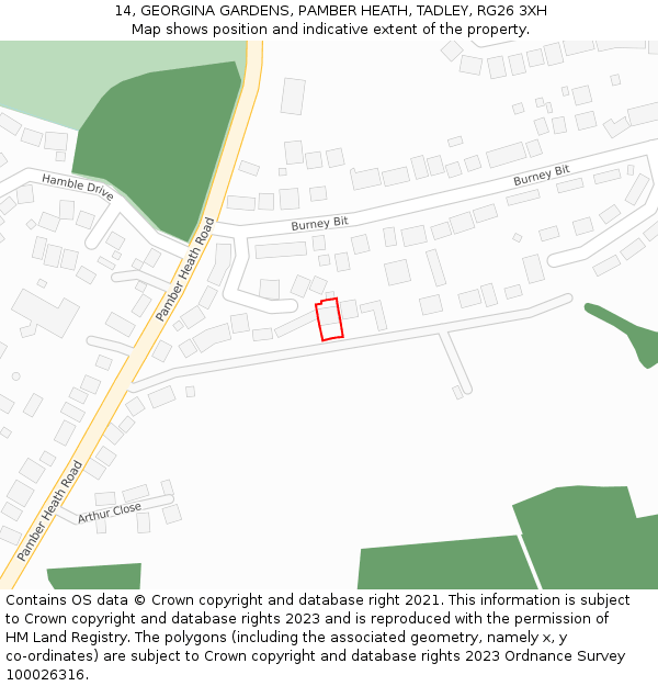 14, GEORGINA GARDENS, PAMBER HEATH, TADLEY, RG26 3XH: Location map and indicative extent of plot