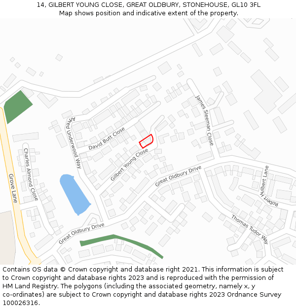 14, GILBERT YOUNG CLOSE, GREAT OLDBURY, STONEHOUSE, GL10 3FL: Location map and indicative extent of plot