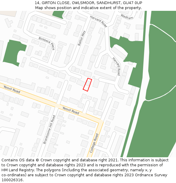 14, GIRTON CLOSE, OWLSMOOR, SANDHURST, GU47 0UP: Location map and indicative extent of plot