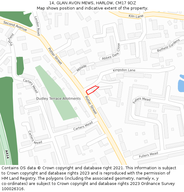 14, GLAN AVON MEWS, HARLOW, CM17 9DZ: Location map and indicative extent of plot