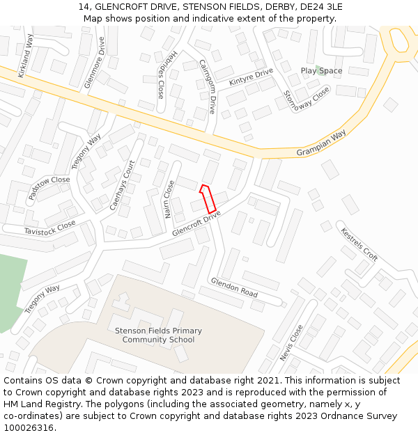 14, GLENCROFT DRIVE, STENSON FIELDS, DERBY, DE24 3LE: Location map and indicative extent of plot