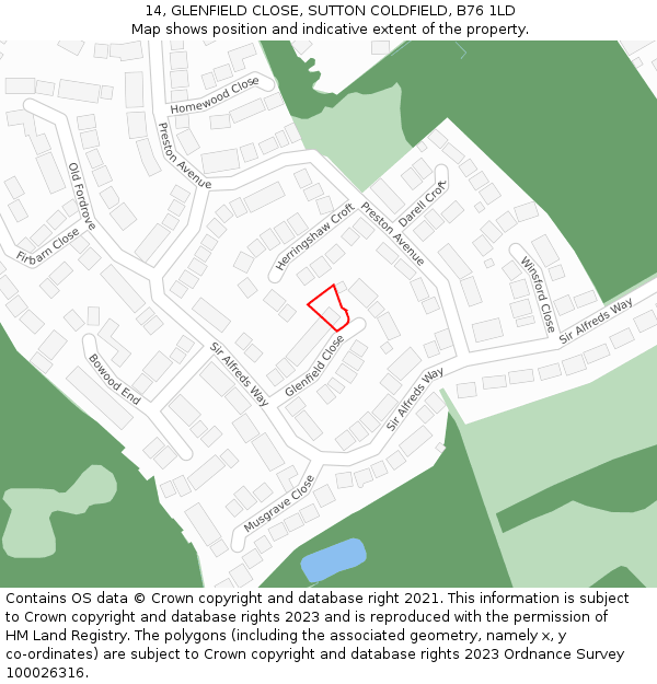 14, GLENFIELD CLOSE, SUTTON COLDFIELD, B76 1LD: Location map and indicative extent of plot