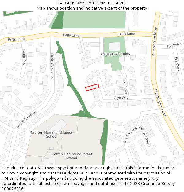 14, GLYN WAY, FAREHAM, PO14 2PH: Location map and indicative extent of plot