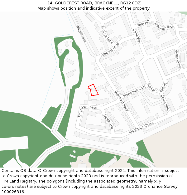 14, GOLDCREST ROAD, BRACKNELL, RG12 8DZ: Location map and indicative extent of plot