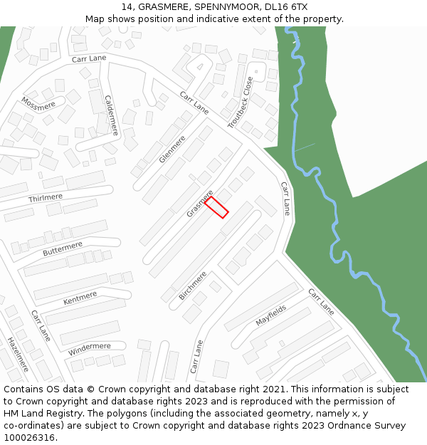 14, GRASMERE, SPENNYMOOR, DL16 6TX: Location map and indicative extent of plot