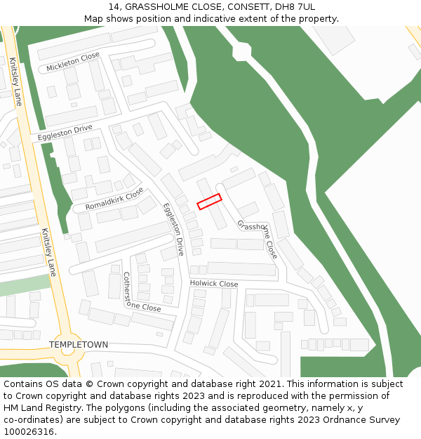 14, GRASSHOLME CLOSE, CONSETT, DH8 7UL: Location map and indicative extent of plot